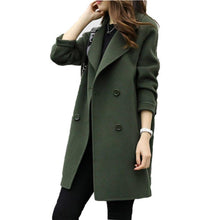 Load image into Gallery viewer, Female Double-breasted Overcoat Long Sleeve Turn-down Collar Slim Fit Women Army Green Woolen Coats Spring Windproof Warm Jacket