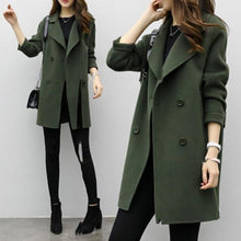 Load image into Gallery viewer, Female Double-breasted Overcoat Long Sleeve Turn-down Collar Slim Fit Women Army Green Woolen Coats Spring Windproof Warm Jacket
